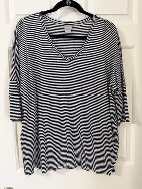 Chico's Linen Navy & White Striped Drop Shoulder Elbow Length Sleeve Tee